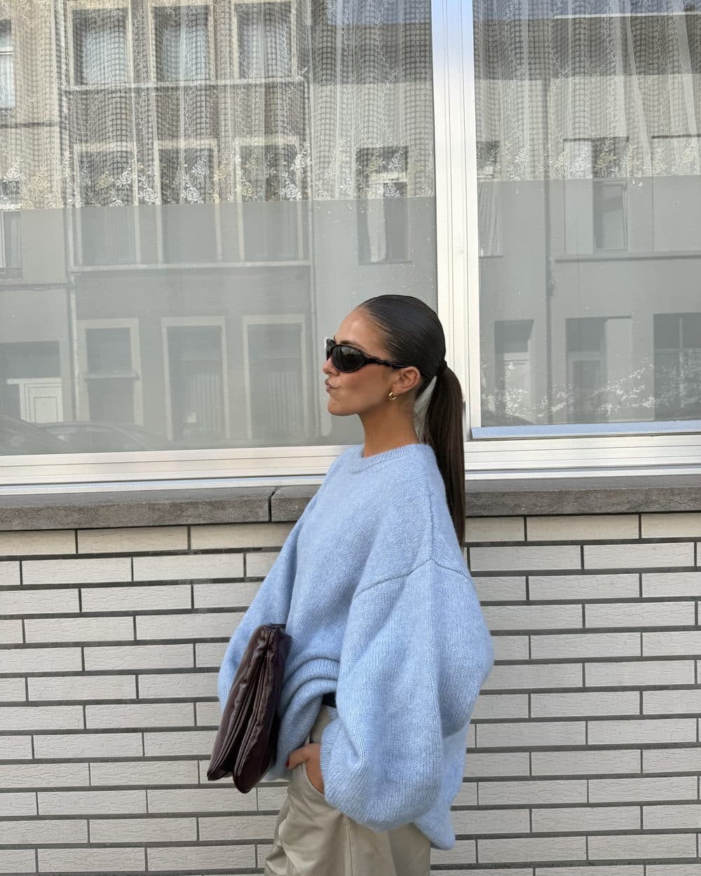 A light blue crew neck jumper from the winter collection