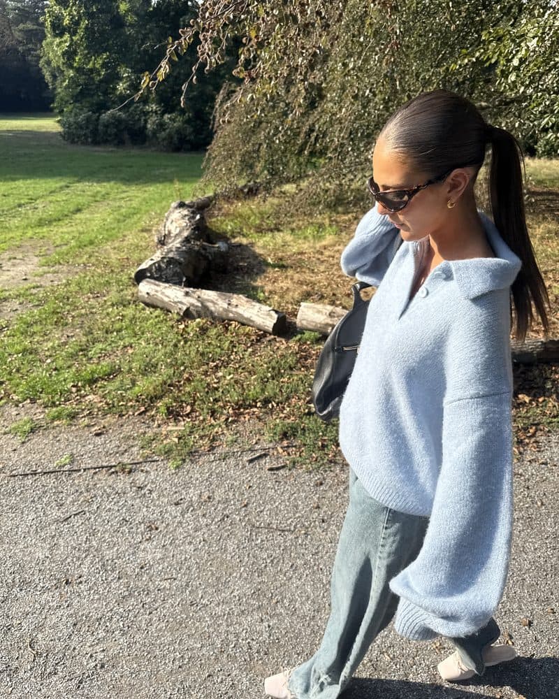 A light blue oversized jumper